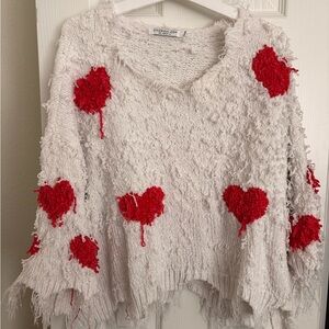 Textured White Sweater with Red Hearts